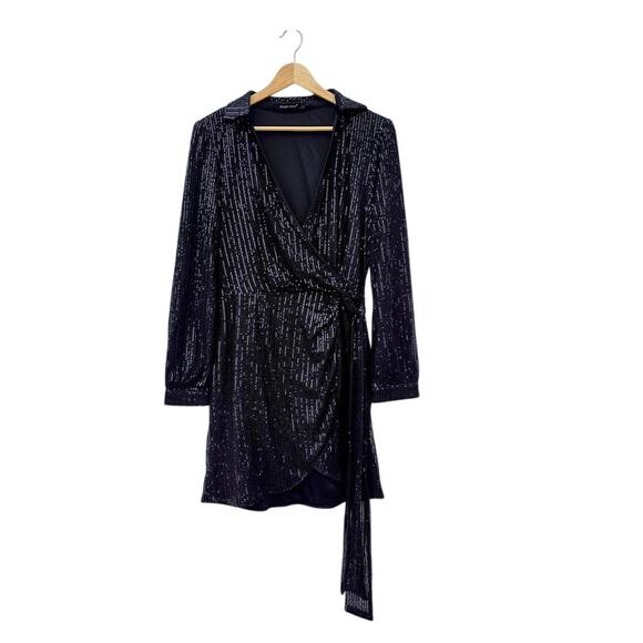 Double Crazy Black Sequin Long Sleeve Wrap Dress L - Picture 2 of 8